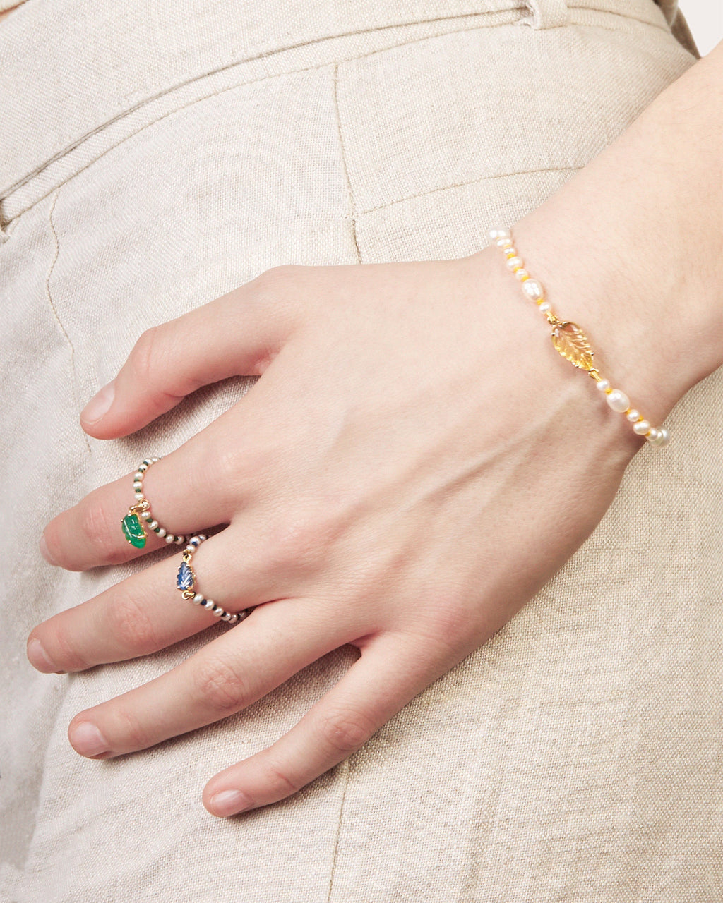 Muna 18K Gold Pearl Emerald and Diamond Ring