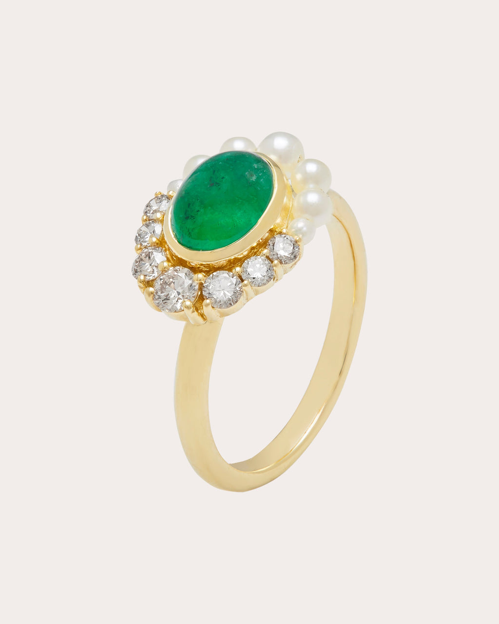 Navratna 18K Gold Pearl Emerald and Diamond Ring