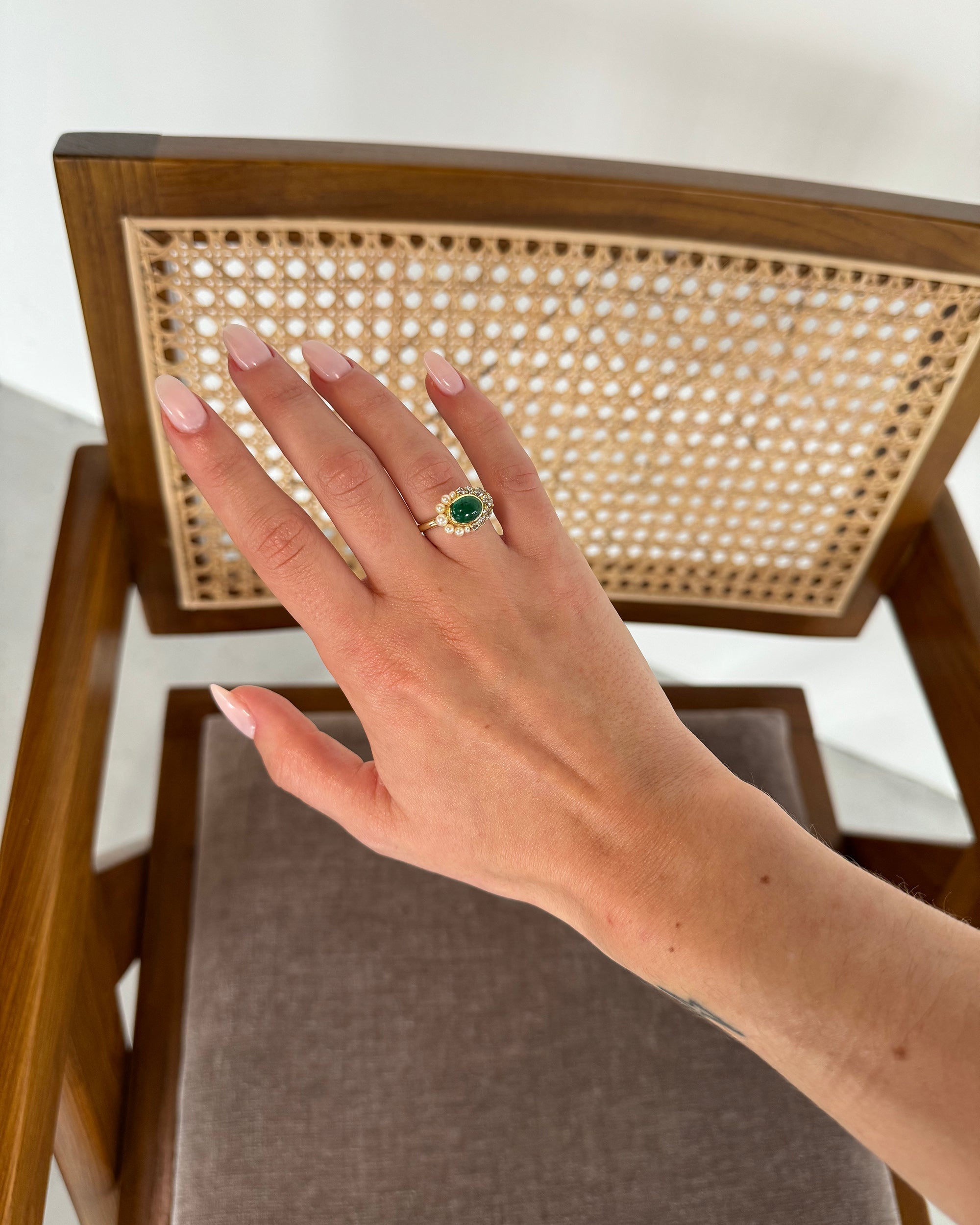 Navratna 18K Gold Pearl Emerald and Diamond Ring