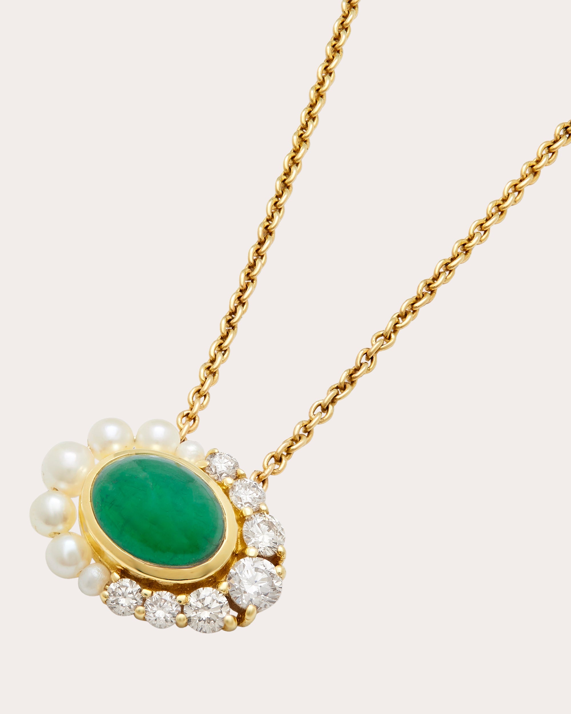 Navratna 18K Gold Pearl Emerald and Diamond Pendant Necklace