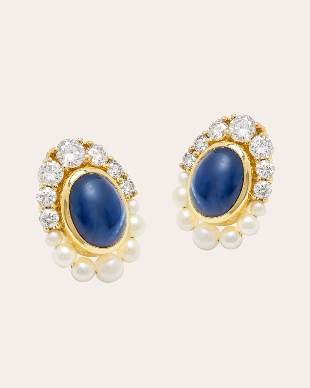 Navratna 18K Gold Pearl Sapphire and Diamond Earrings
