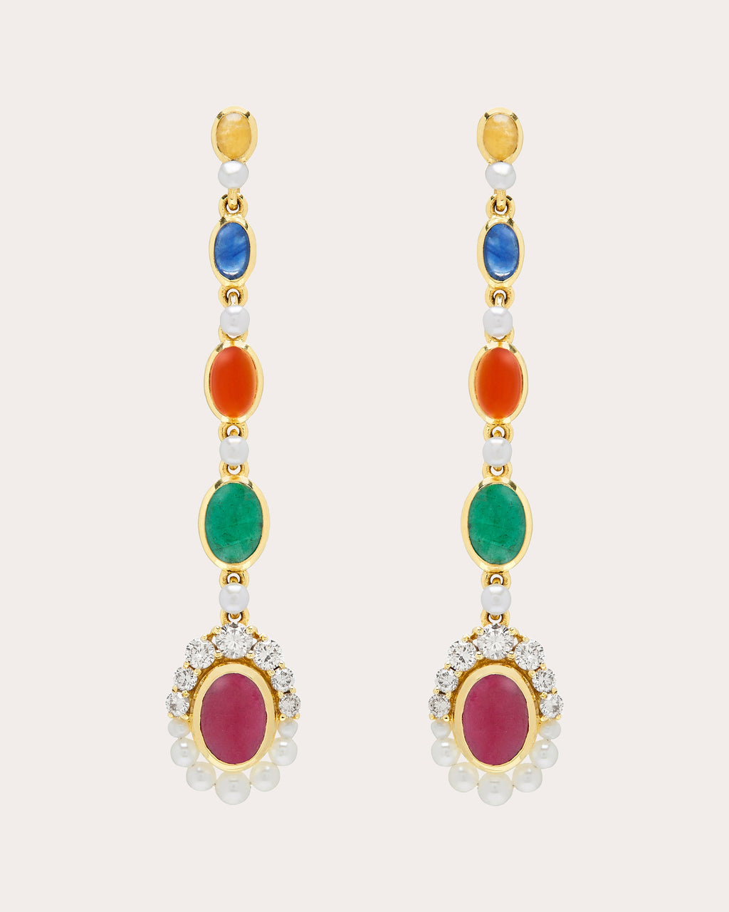 Navratna 18K Gold Pearl and Multi-Stone Earrings