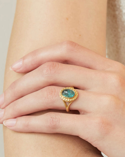 Green Tourmaline & 18k Gold Celestial Star Ring