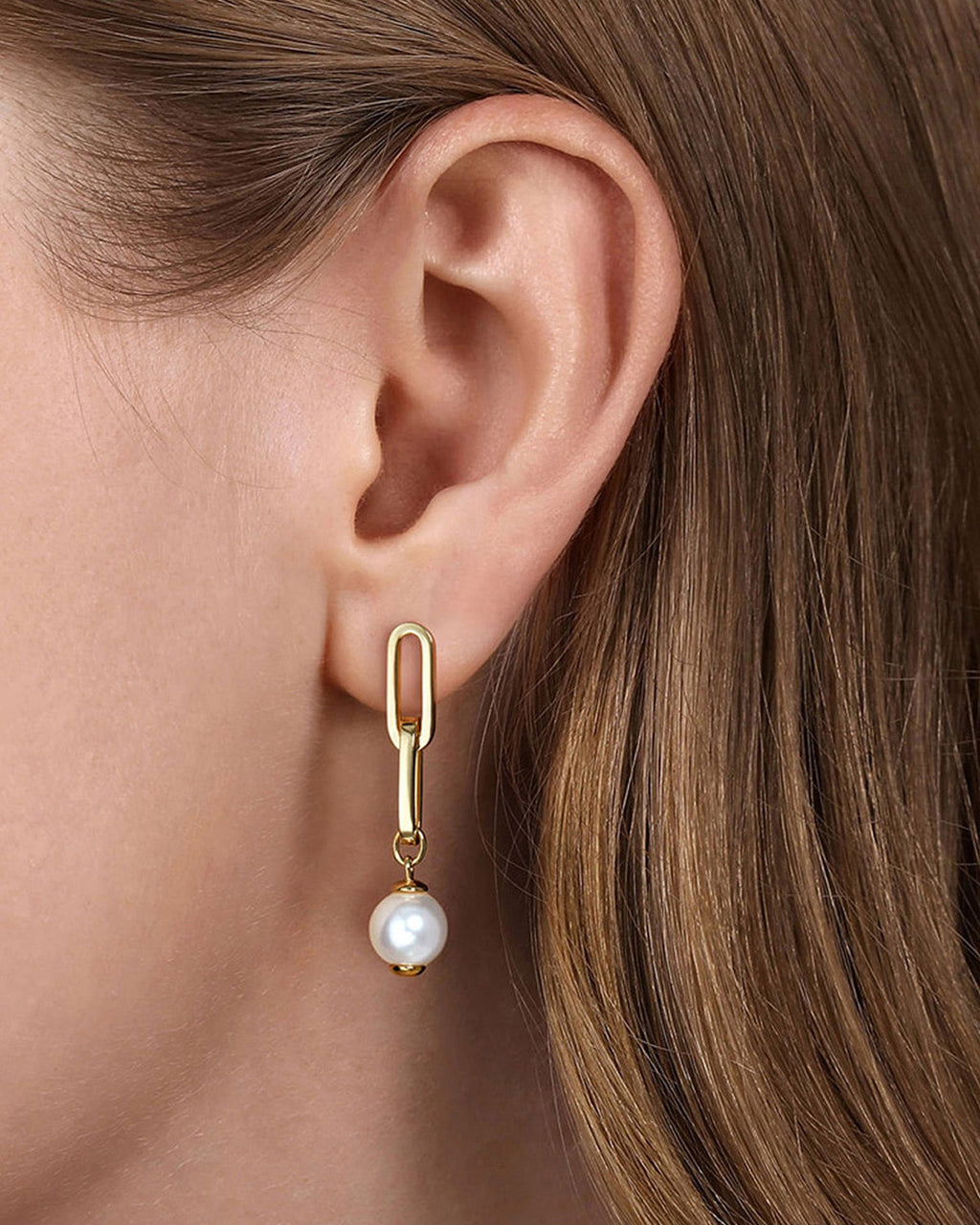 Pearl & 14k Gold Stud Link Drop Earrings