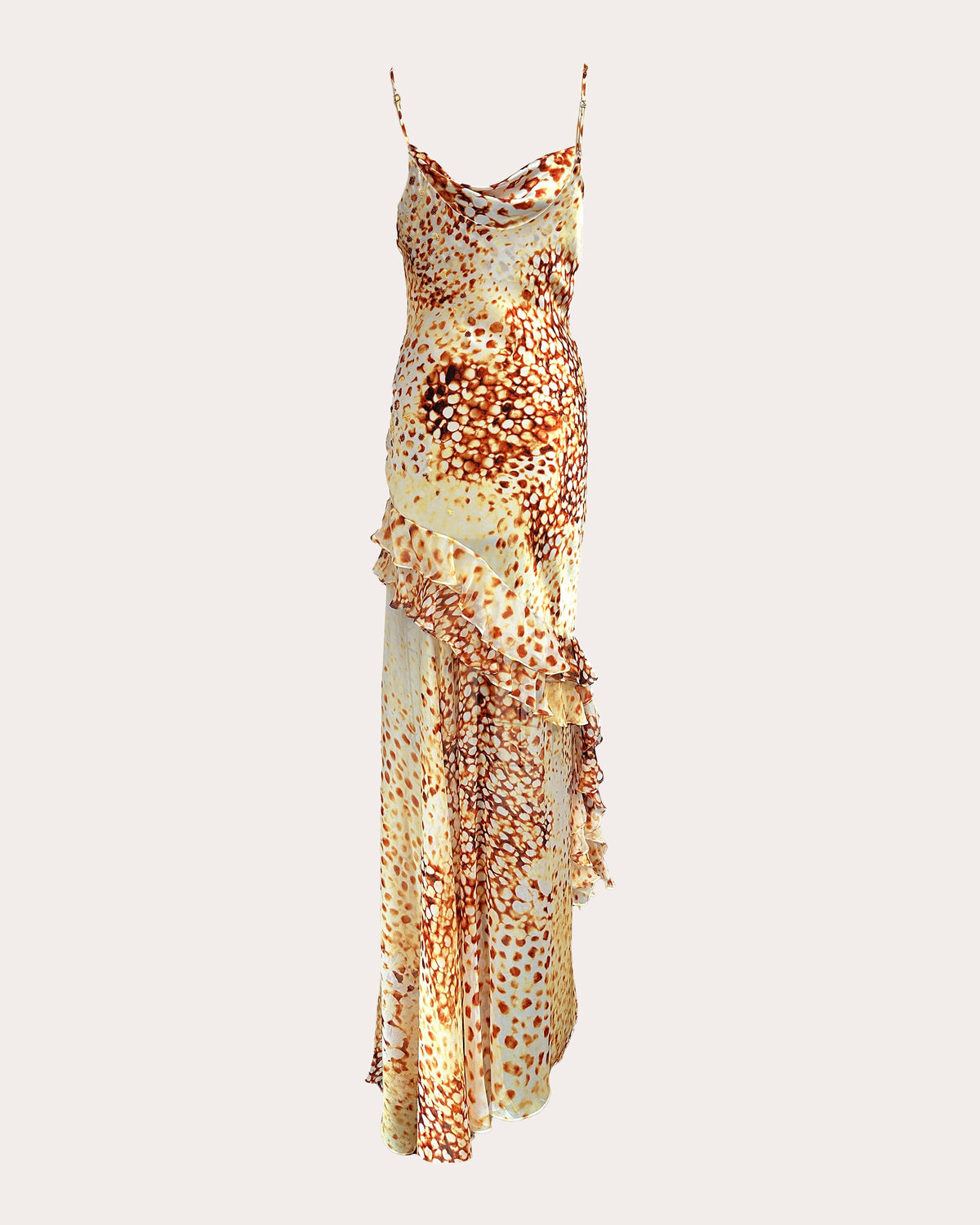 Golden Ruffles Printed Silk Maxi Dress