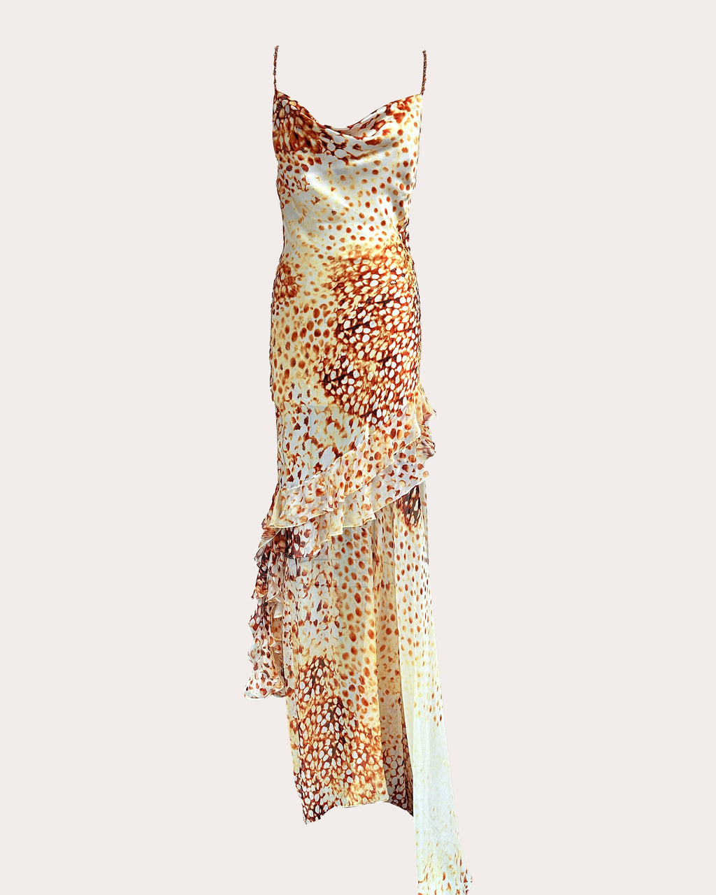 Golden Ruffles Printed Silk Maxi Dress