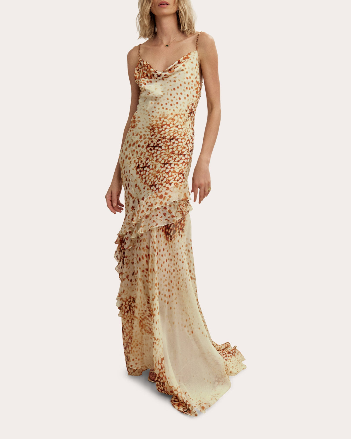 Golden Ruffles Printed Silk Maxi Dress