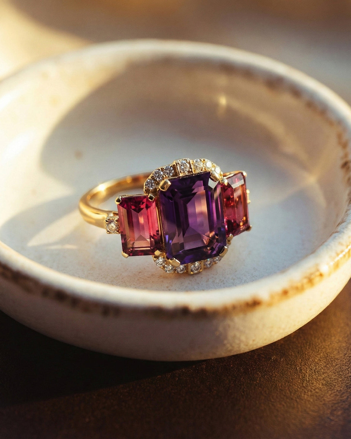 Amethyst & Garnet 18k Gold Gossip Ring