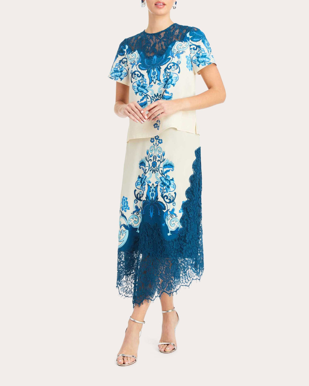 Gracie Floral Twill Lace Asymmetric Midi Skirt
