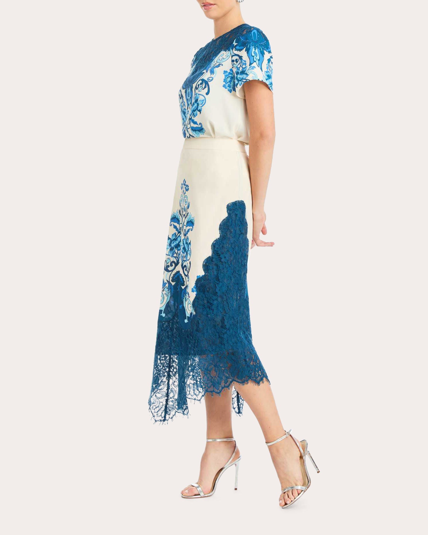 Gracie Floral Twill Lace Asymmetric Midi Skirt
