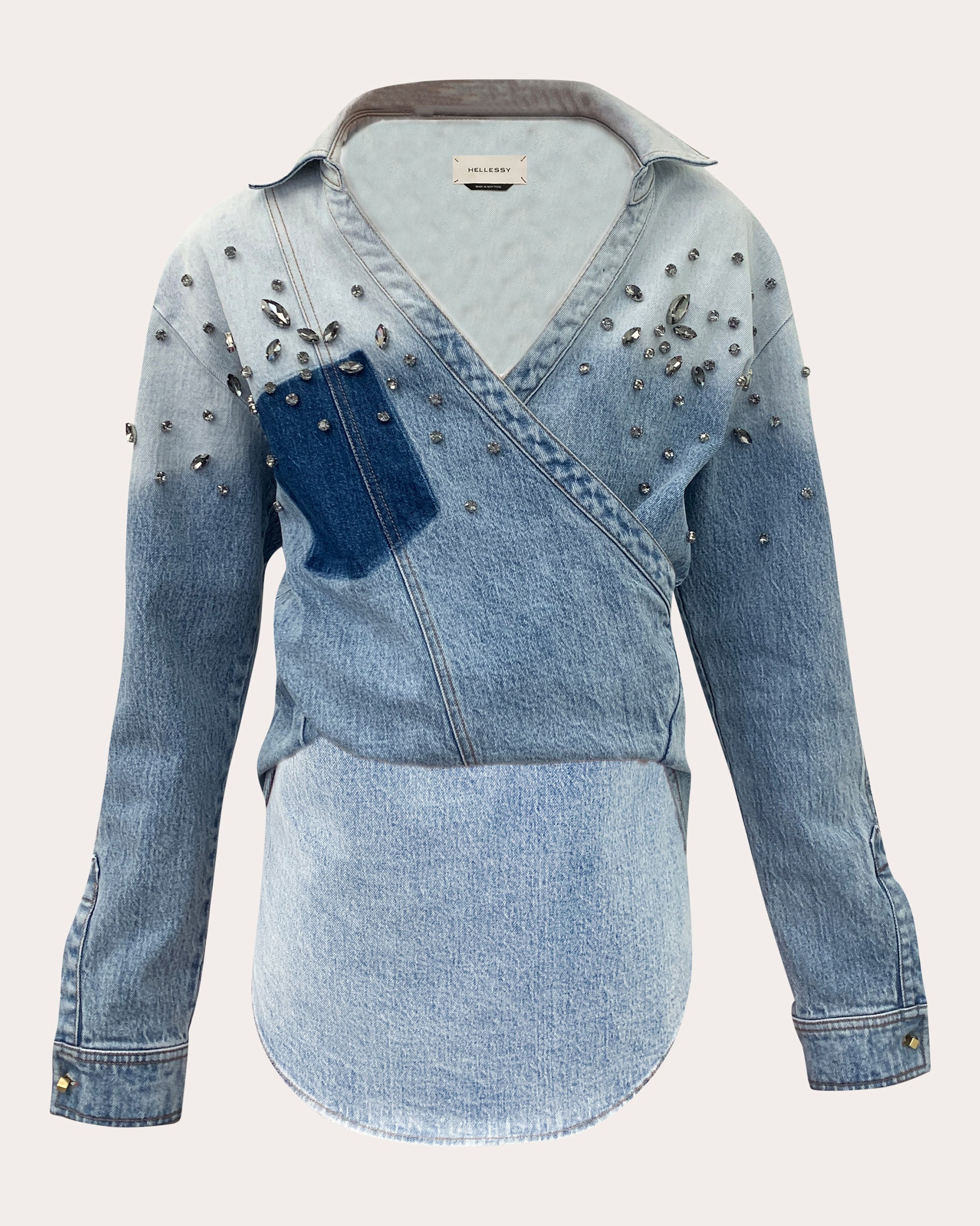 Hart Crystal-Embellished Faux-Wrap Stretch-Denim Shirt