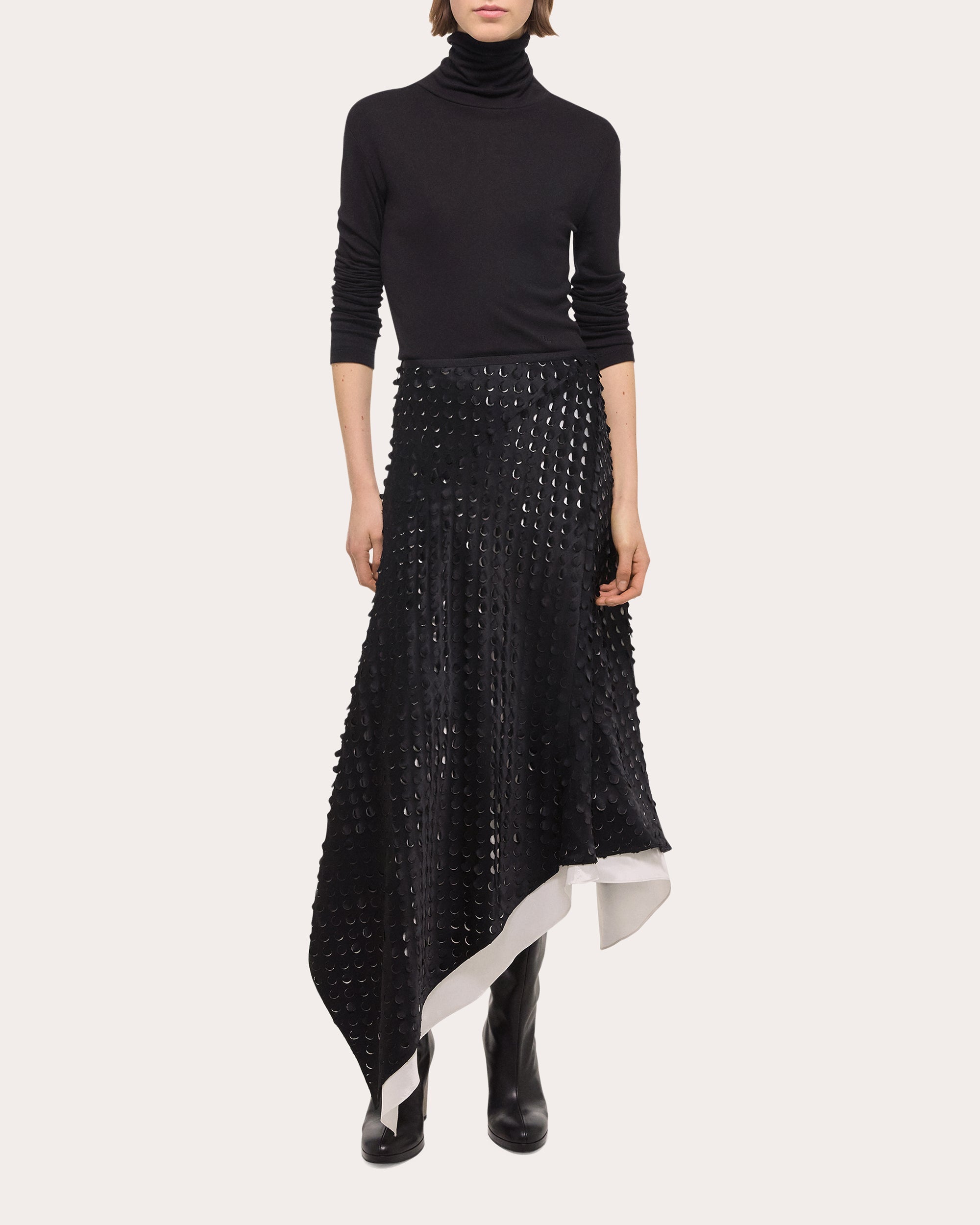 Asymmetric Laser-Cut Satin Skirt