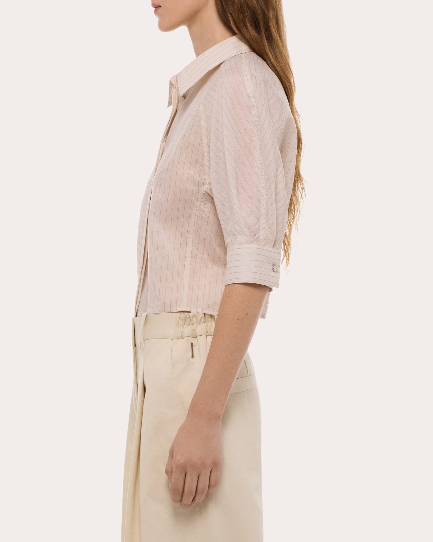Sheer Stripe Articulated Crop Button-Up
