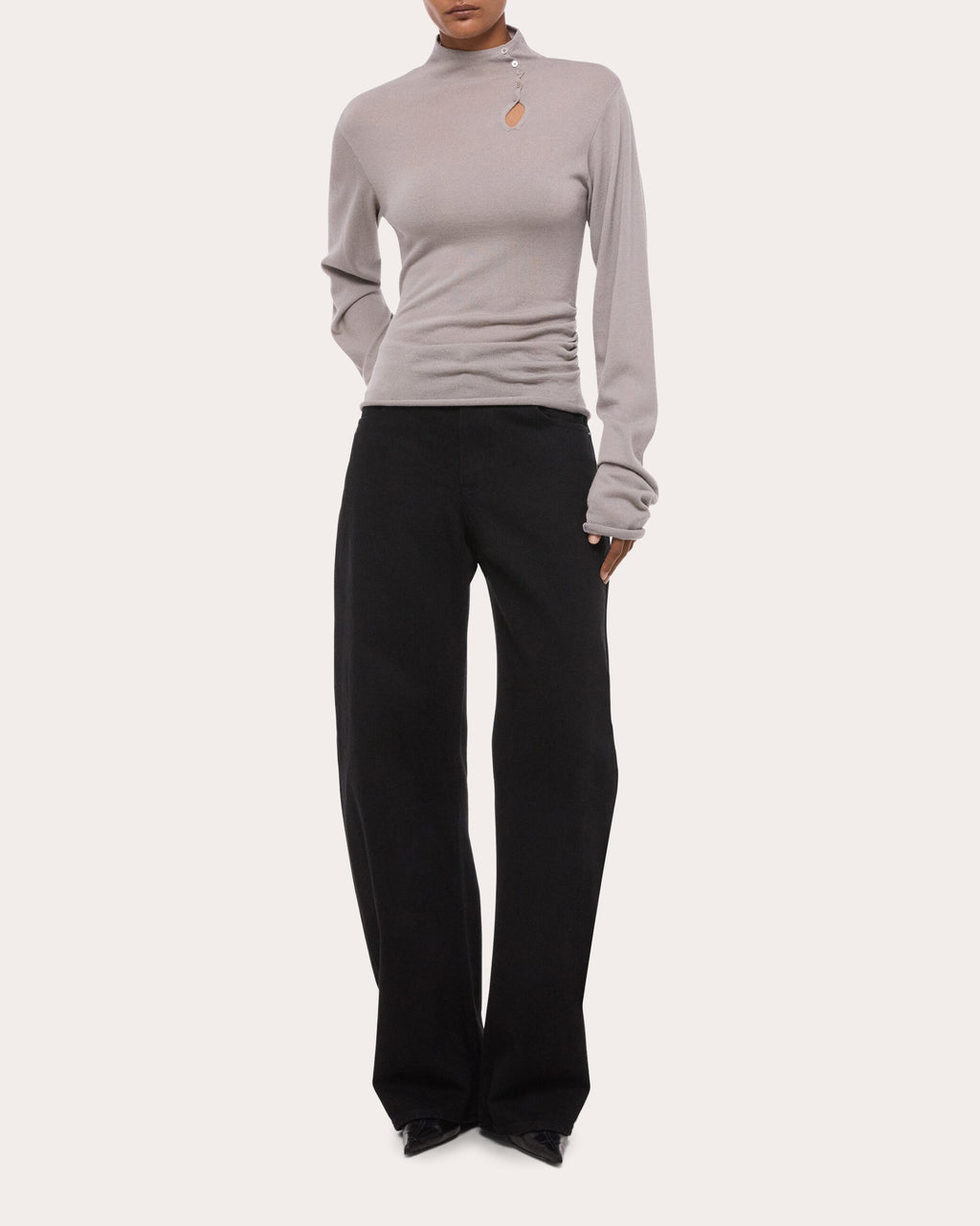 Wool Long-Sleeve Button Mock Neck Top
