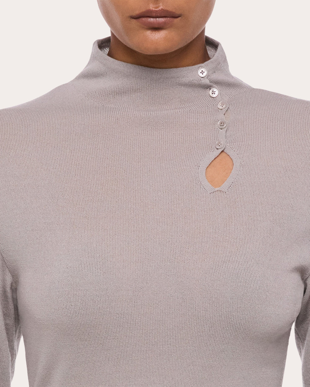 Wool Long-Sleeve Button Mock Neck Top