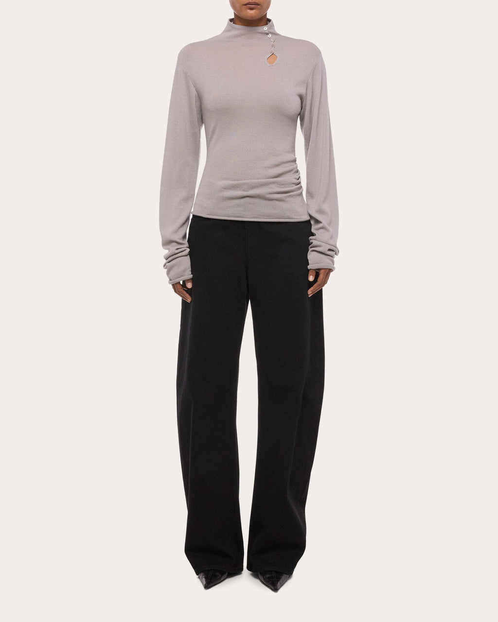 Wool Long-Sleeve Button Mock Neck Top