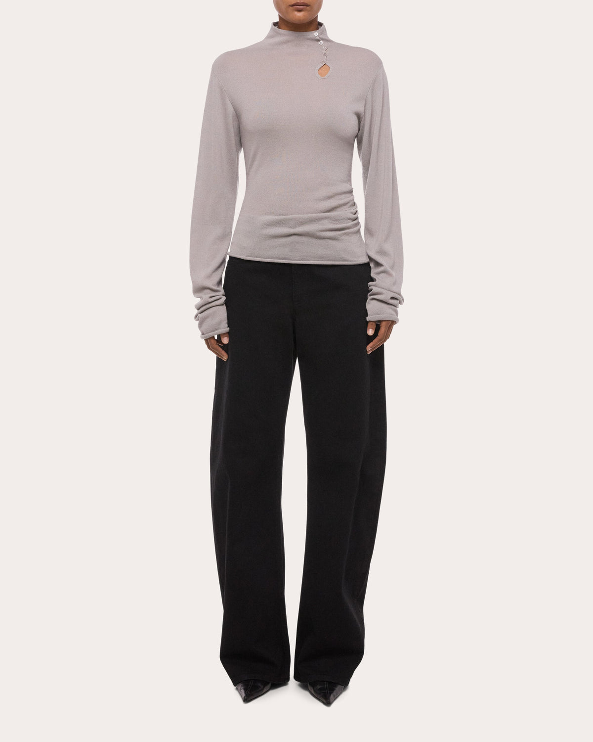 Wool Long-Sleeve Button Mock Neck Top