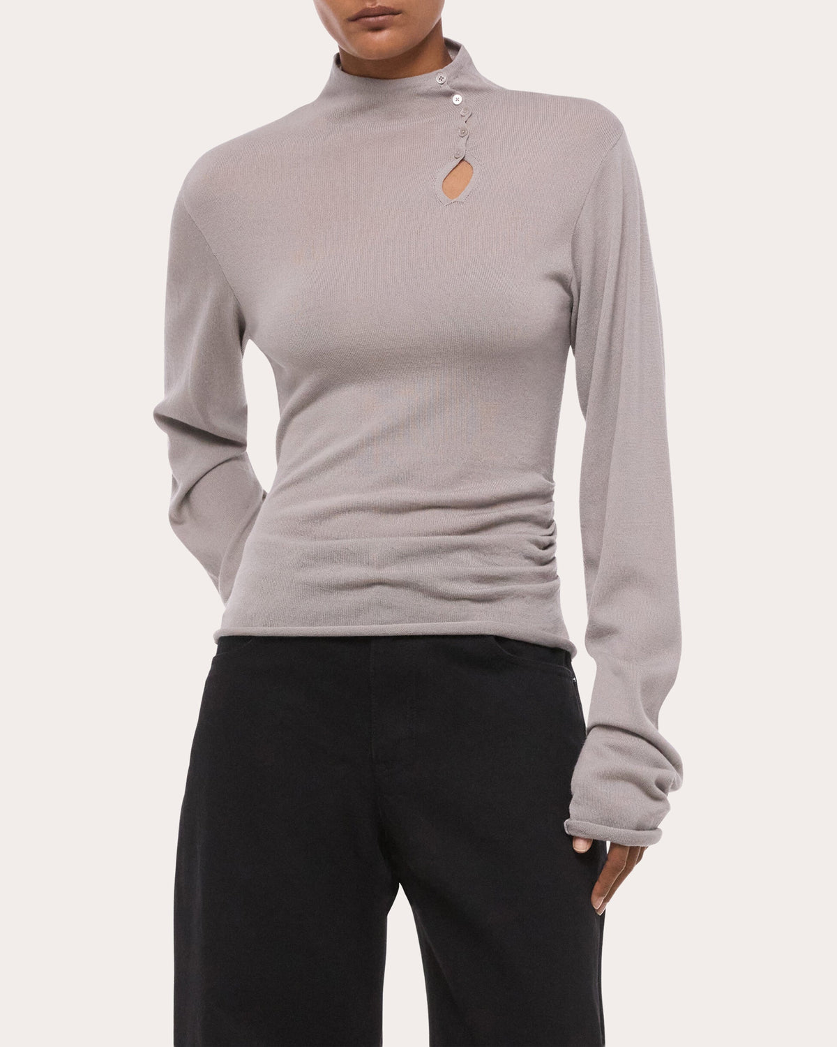 Wool Long-Sleeve Button Mock Neck Top