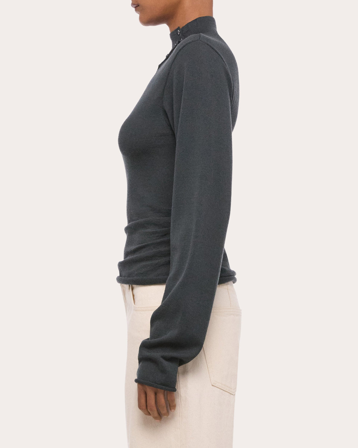 Wool Long-Sleeve Button Mock Neck Top