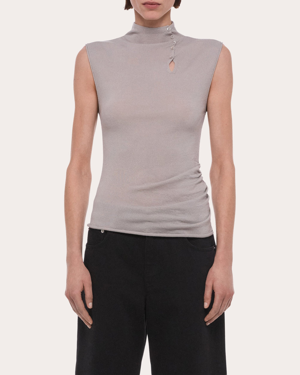 Wool Sleeveless Button Mock Neck Top