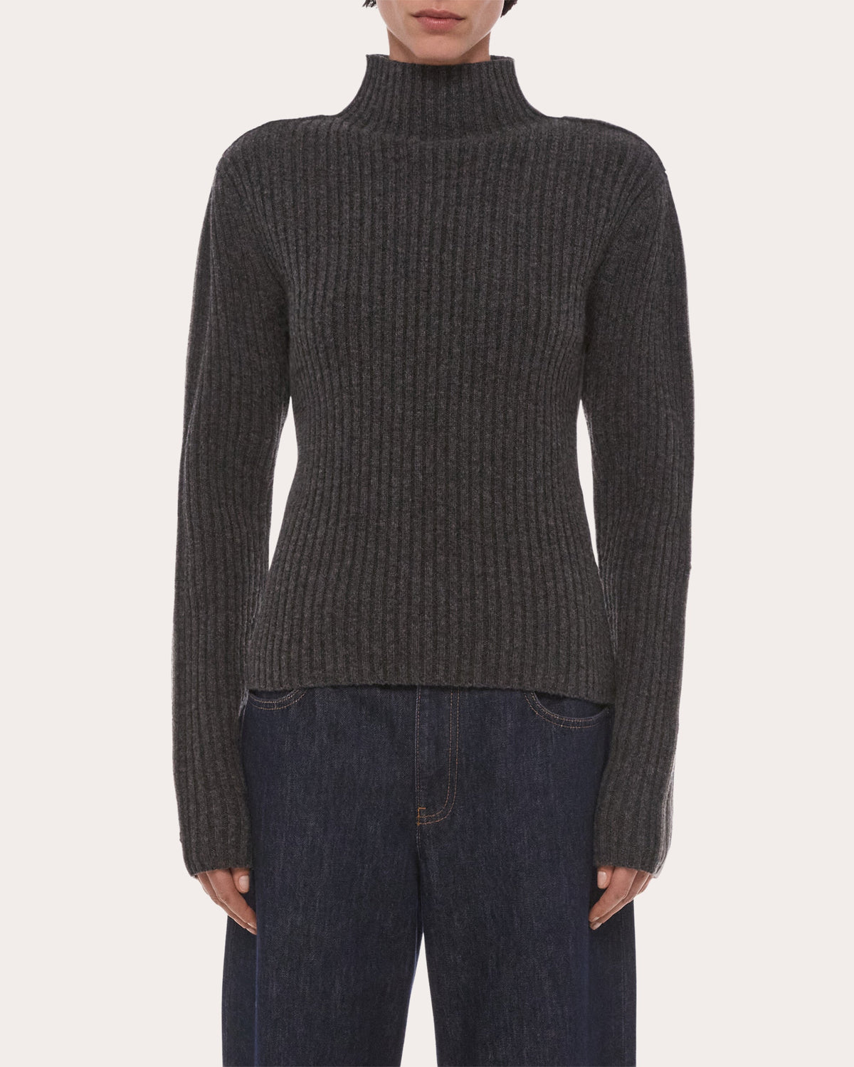 Ribbed Wool Mock Neck Sweater