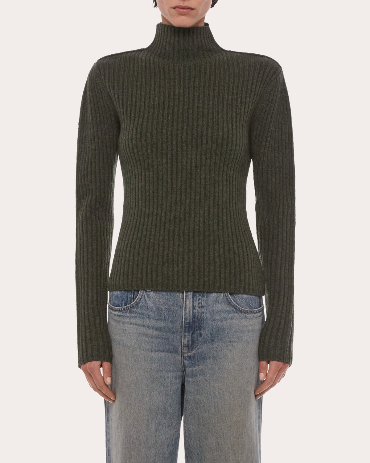 Ribbed Wool Mock Neck Sweater