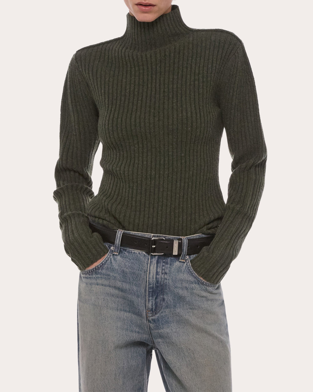 Ribbed Wool Mock Neck Sweater