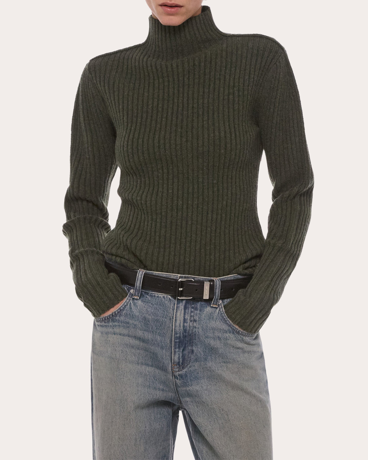 Ribbed Wool Mock Neck Sweater