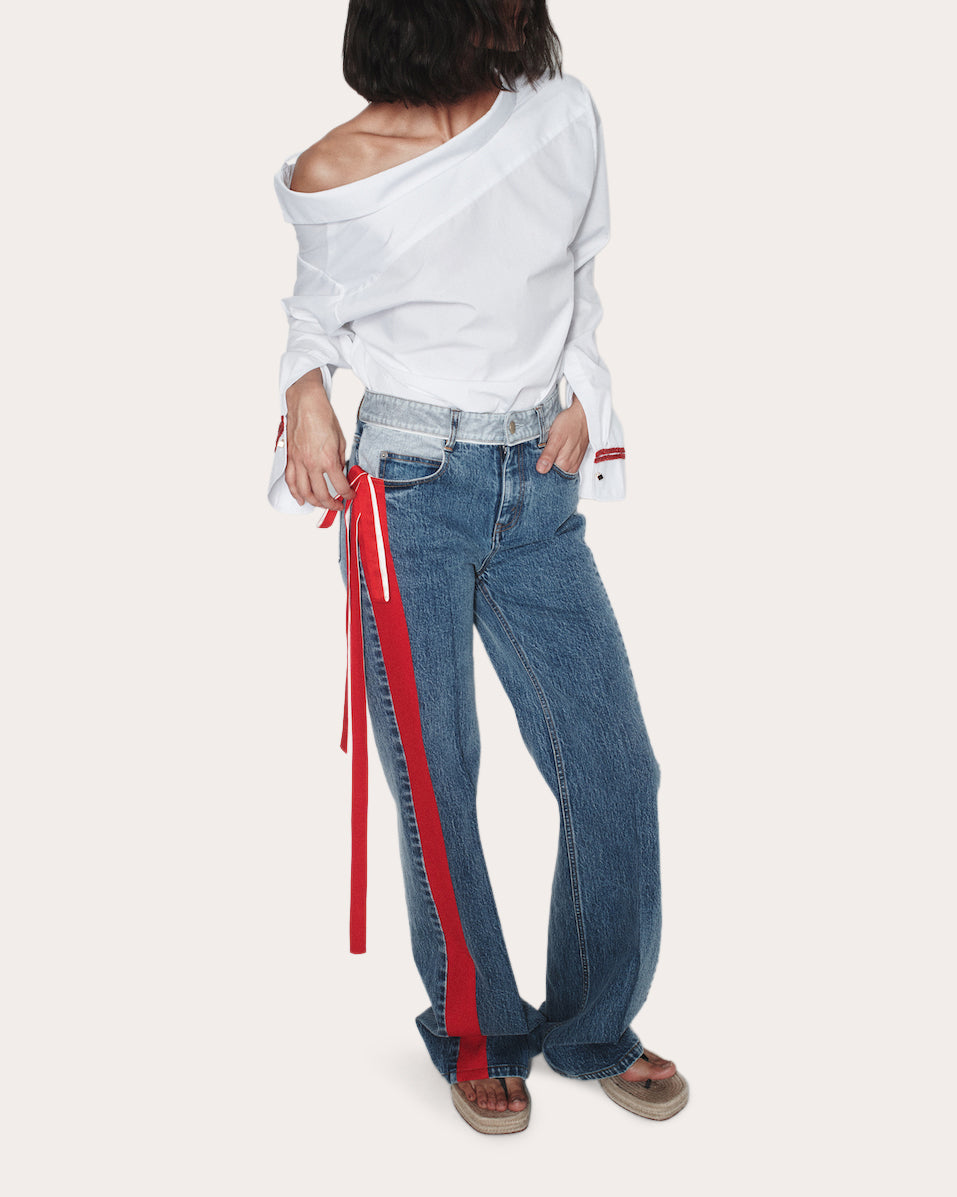 Ben Satin Ribbon Straight-Leg Jeans