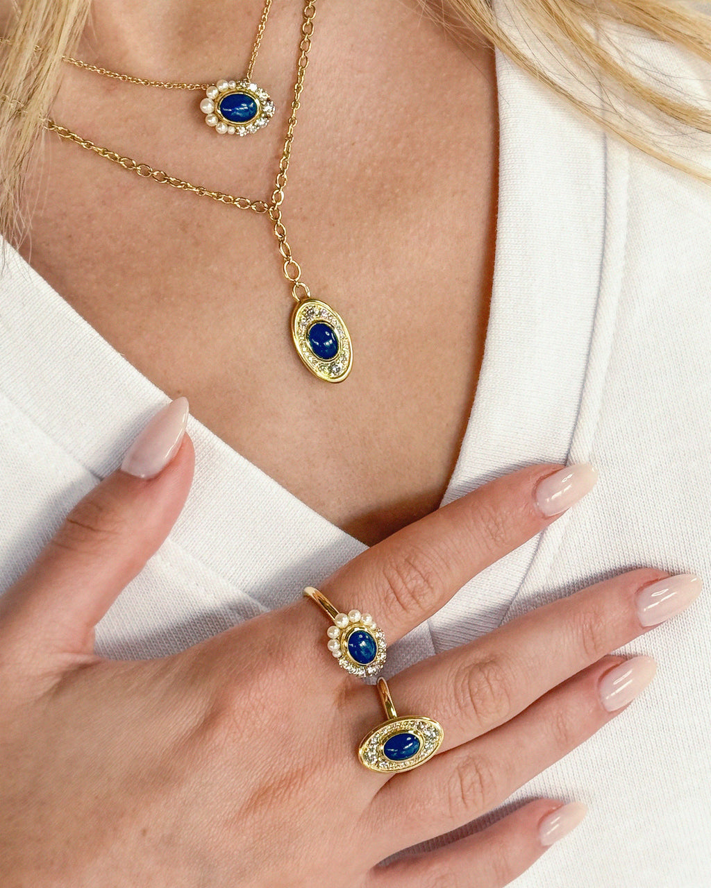 Navratna 18K Gold Sapphire and Diamond Pendant Necklace