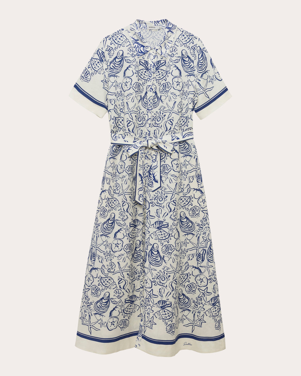 Audria Seashell Linen Belted Midi Shirt Dress