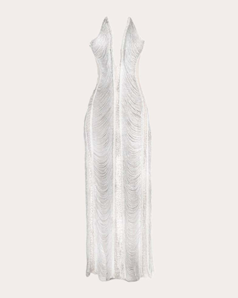 Zira Illusion Tulle Embellished Fringe Gown