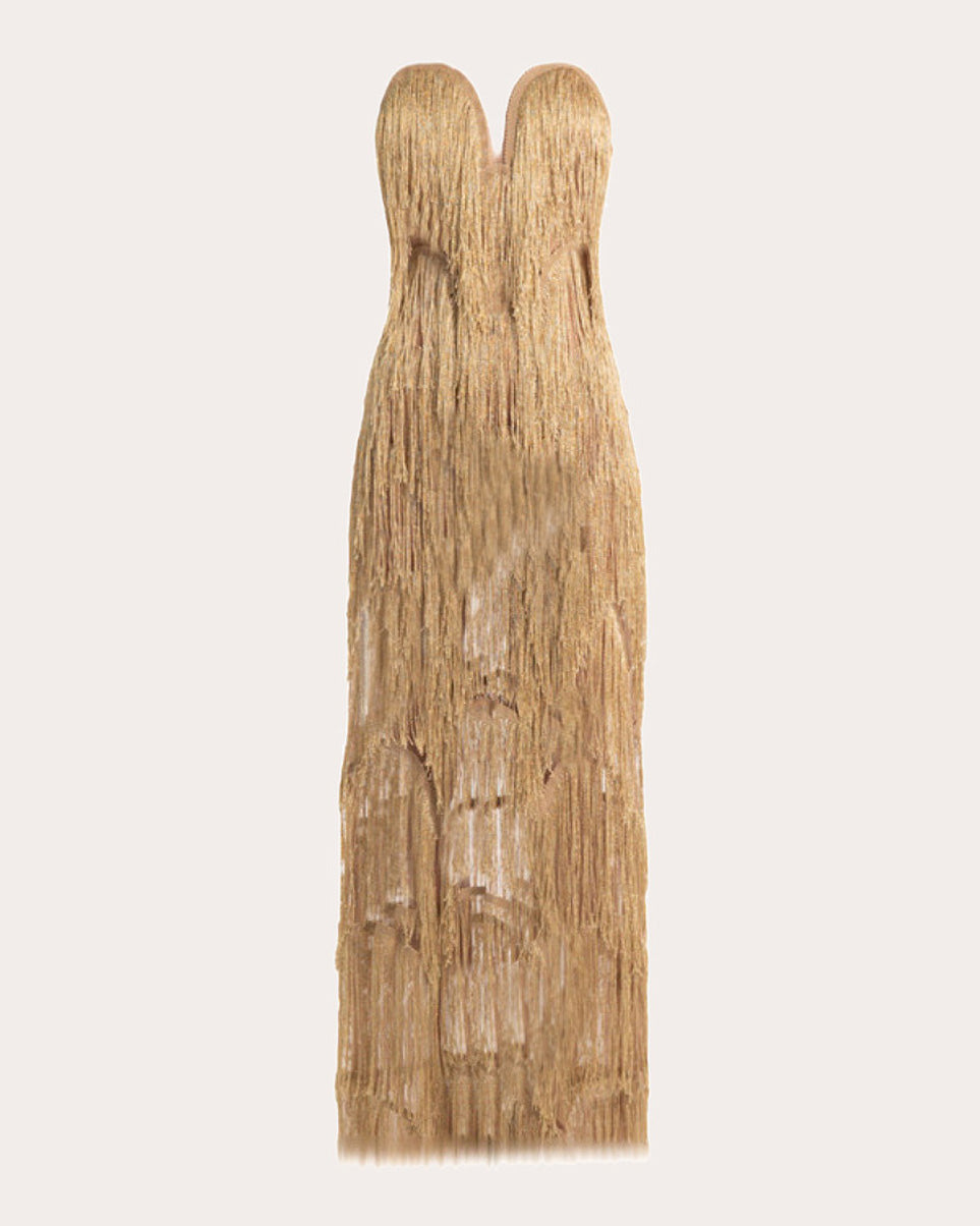 Niva Illusion Tulle Draped Fringe Strapless Gown