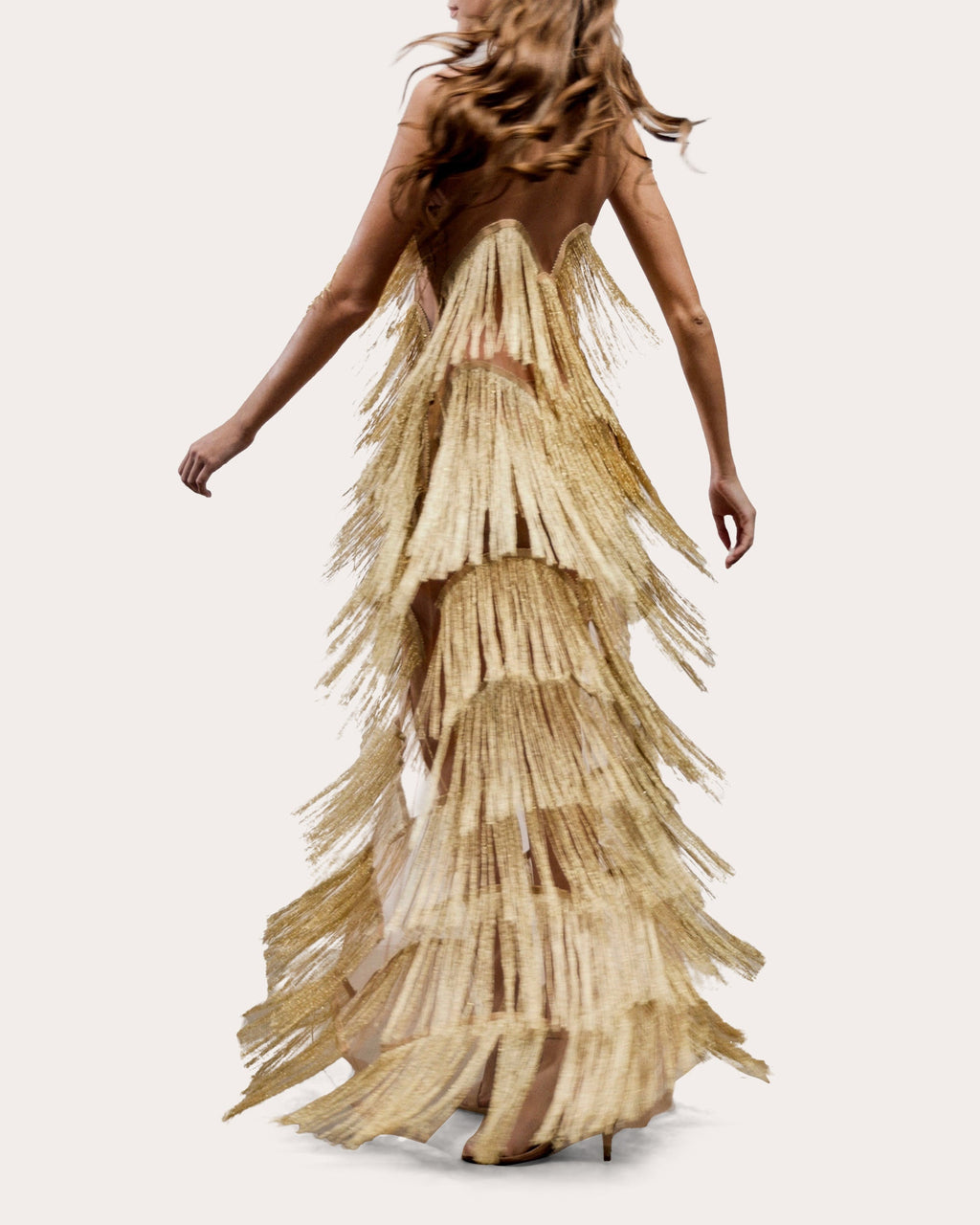 Niva Illusion Tulle Draped Fringe Strapless Gown