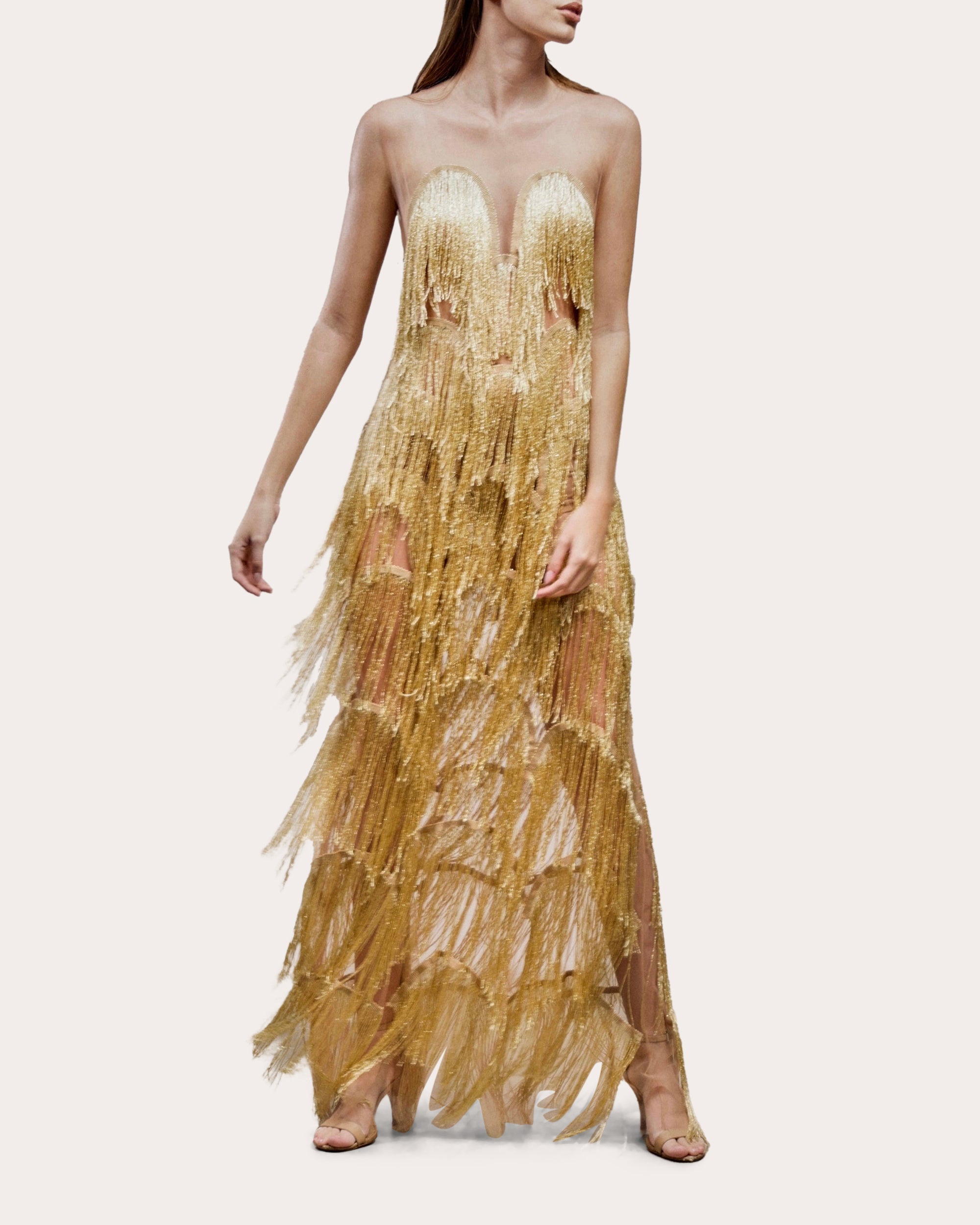 Niva Illusion Tulle Draped Fringe Strapless Gown