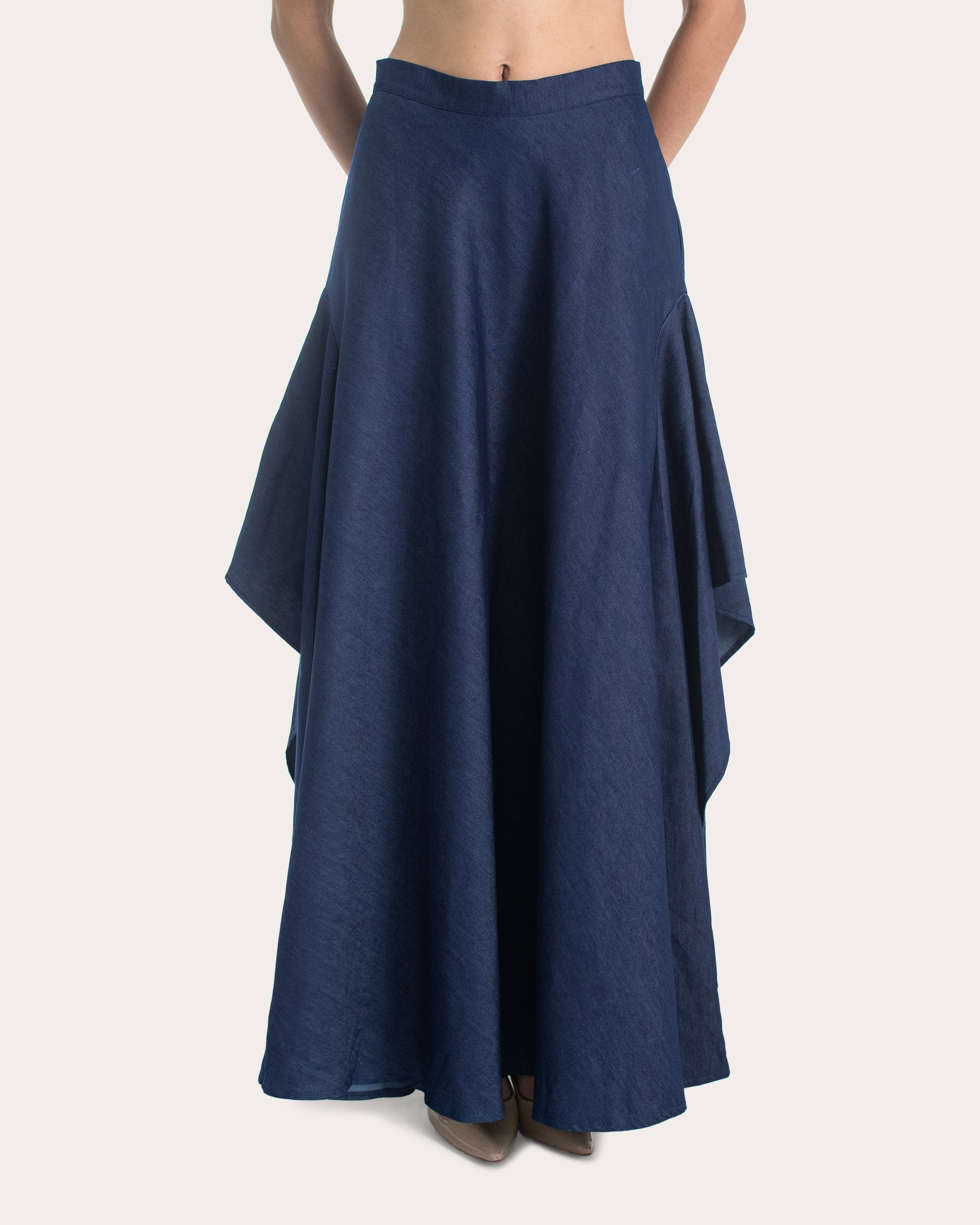 Carmen Denim Draped Maxi Skirt