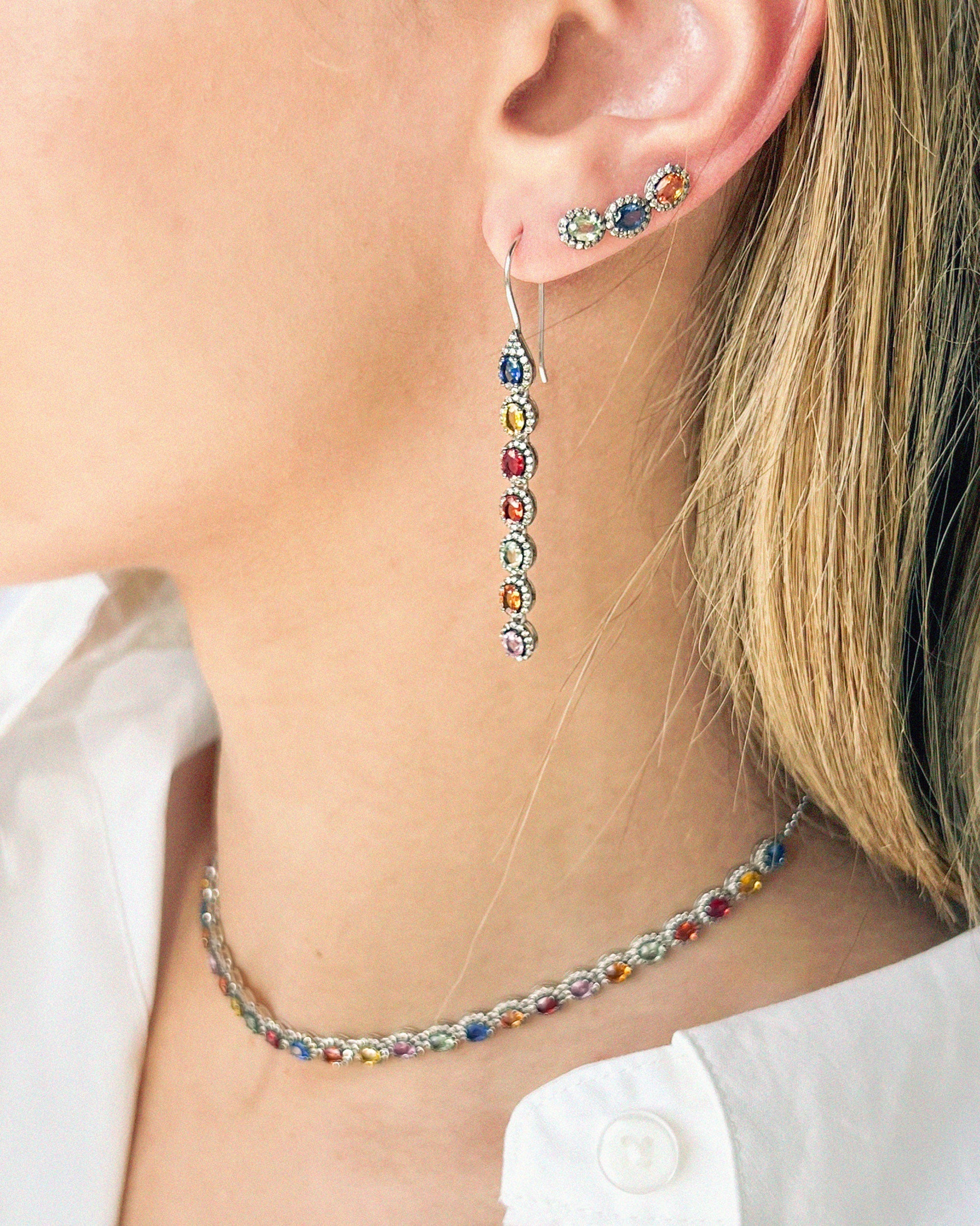 Mini Rajasthan 18K Gold Multi-Sapphire and Diamond Earrings