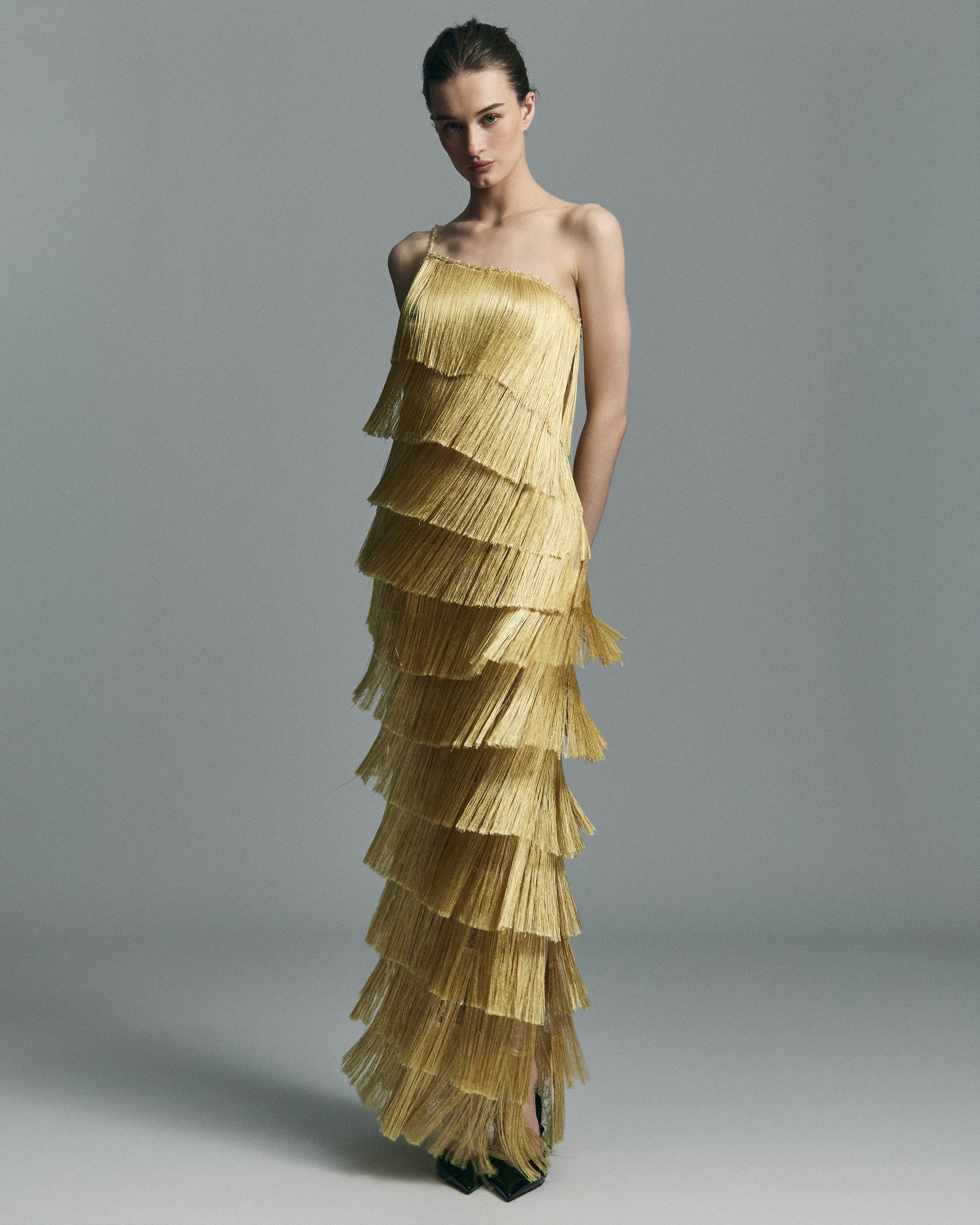 Isidora Silk Fringe Asymmetric Maxi Dress