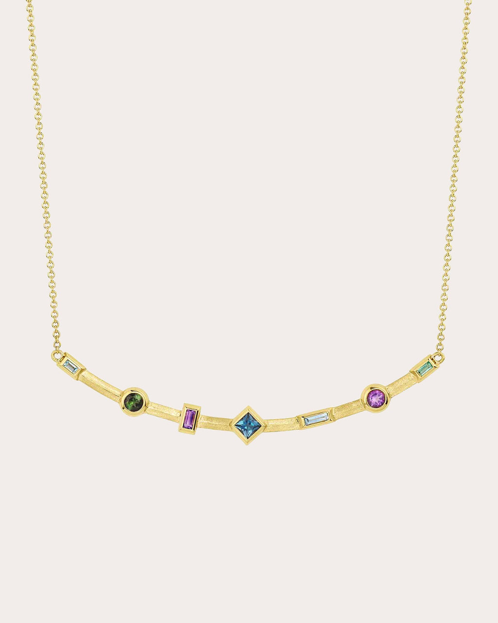 Blue Sapphire & Amethyst Curved Bar Pendant Necklace
