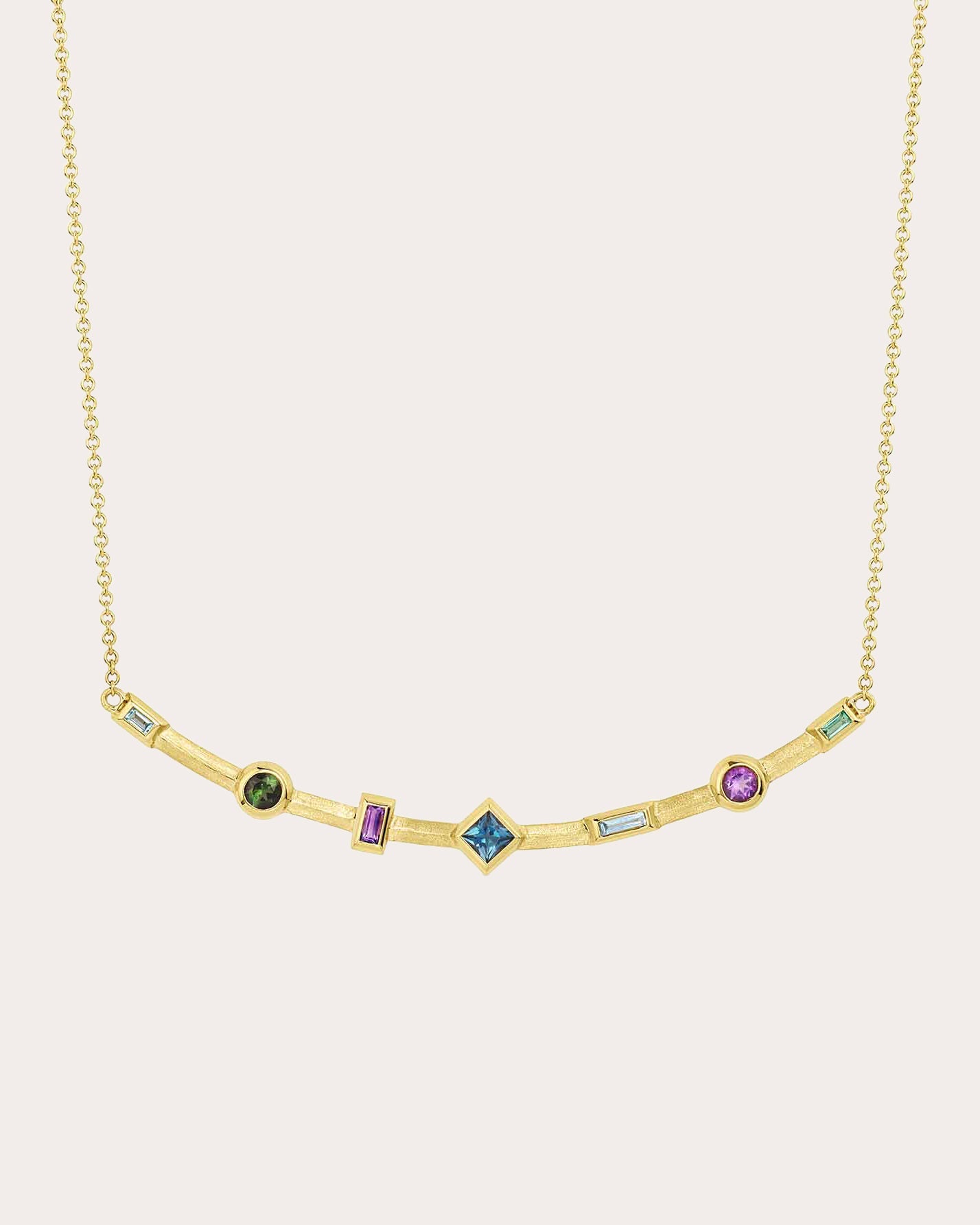 Blue Sapphire & Amethyst Curved Bar Pendant Necklace