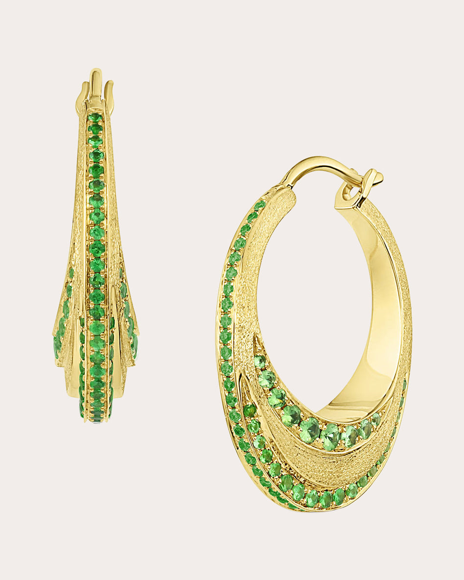 Tsavorite & 18k Gold Color Wave Hoop Earrings
