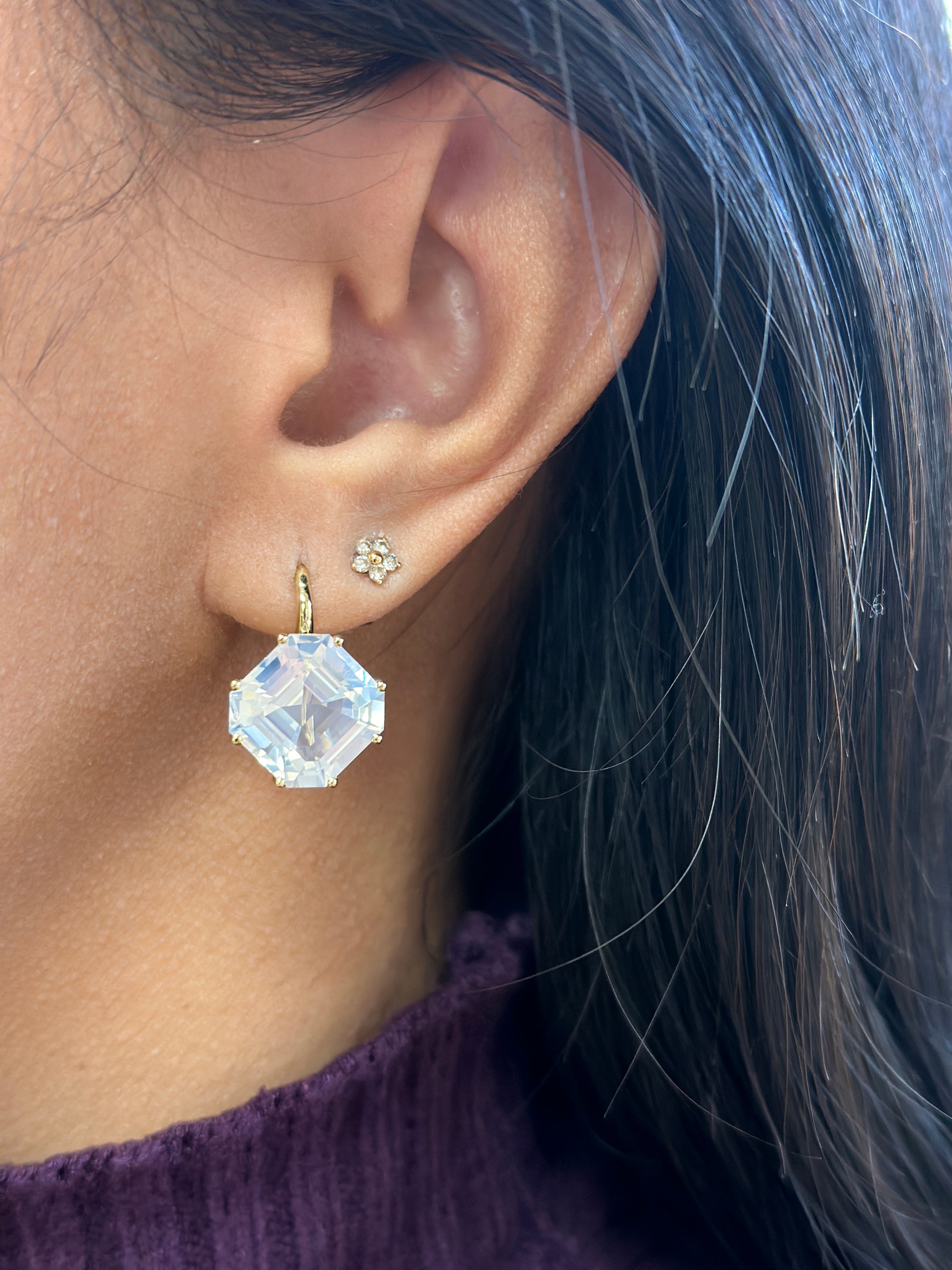 Gossip Moon Quartz Asscher Cut Earrings On French Wire in 18K Yellow Gold