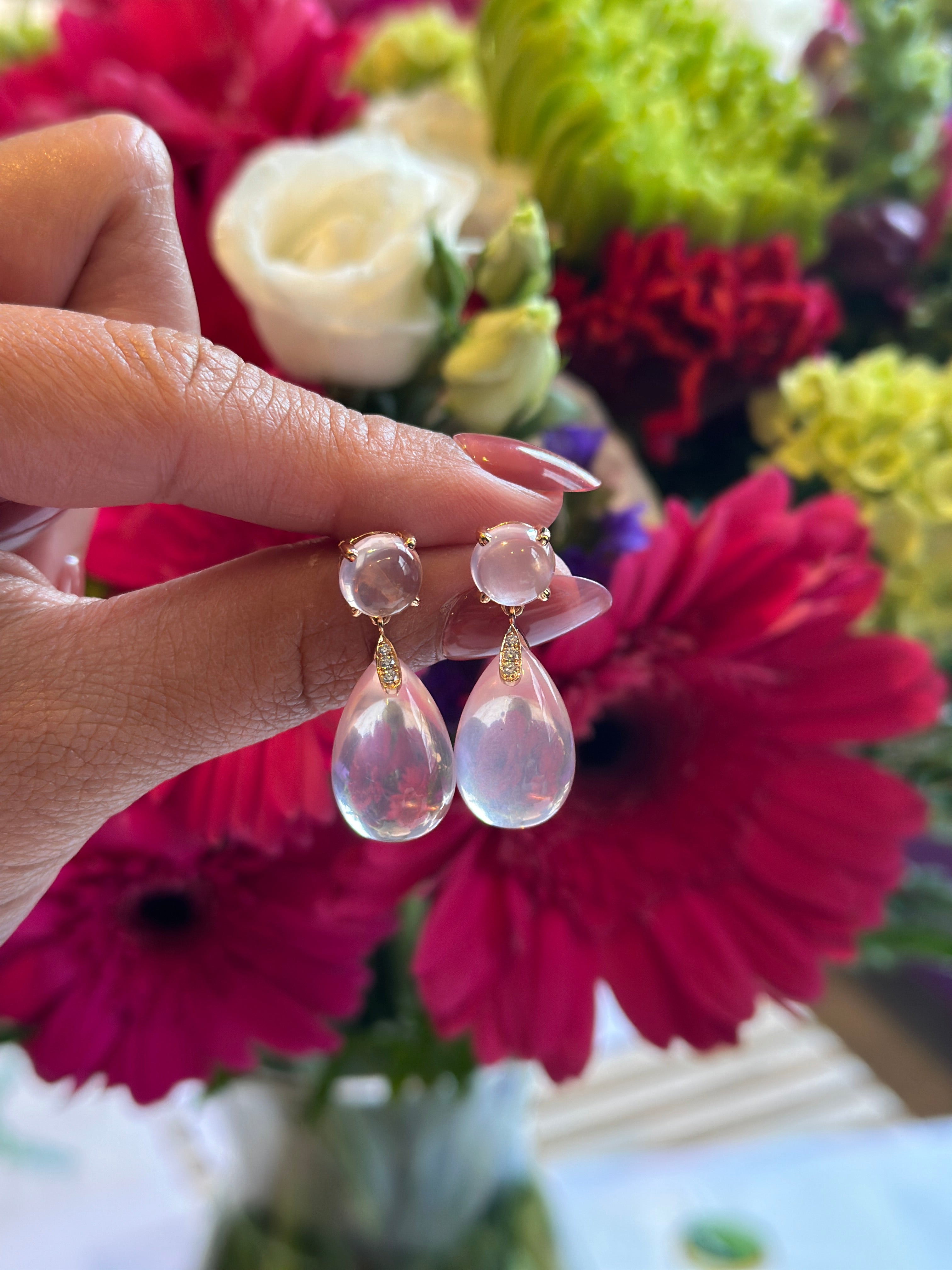 Naughty Rose Quartz Cabochon & Drop Earrings With Diamond in 18K Rose Gold