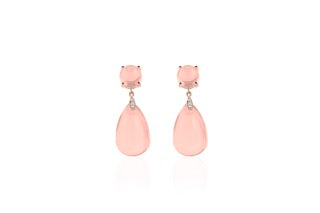 Naughty Rose Quartz Cabochon & Drop Earrings With Diamond in 18K Rose Gold