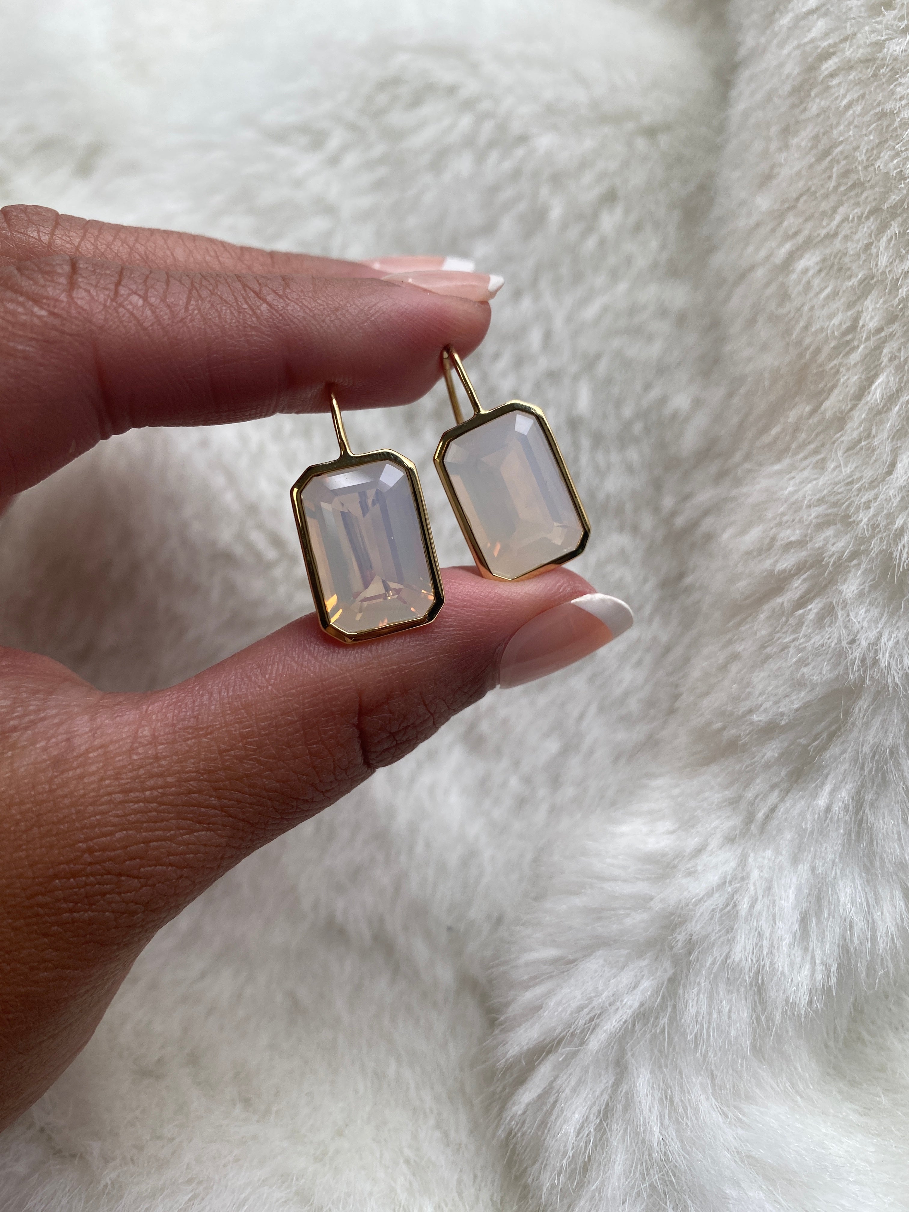Gossip Moon Quartz Emerald Cut Earrings On French Wire in 18K Yellow Gold
