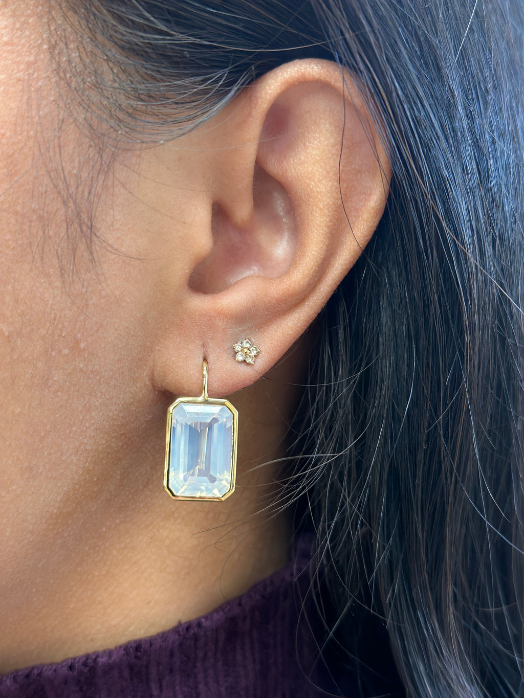 Gossip Moon Quartz Emerald Cut Earrings On French Wire in 18K Yellow Gold