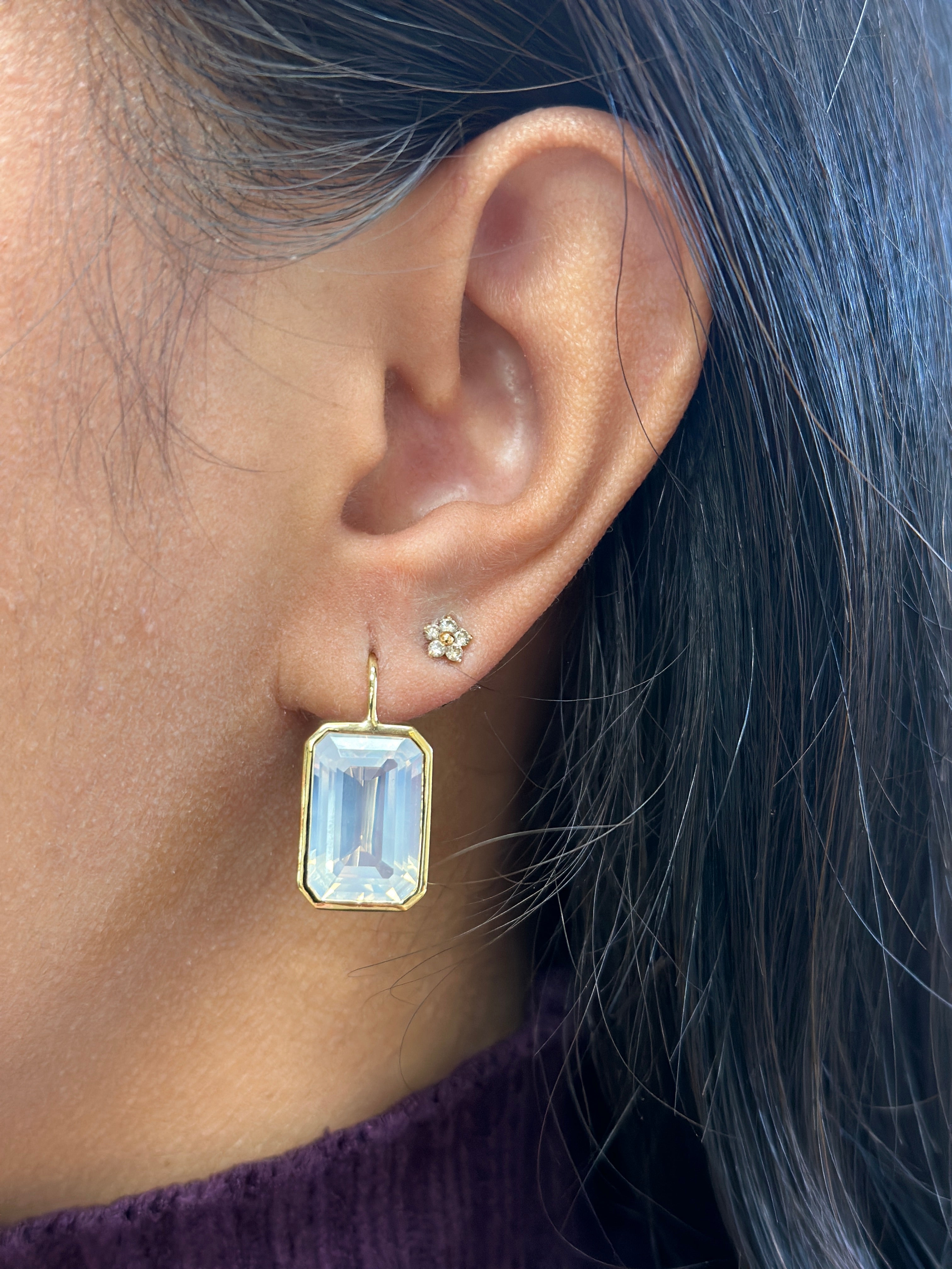 Gossip Moon Quartz Emerald Cut Earrings On French Wire in 18K Yellow Gold