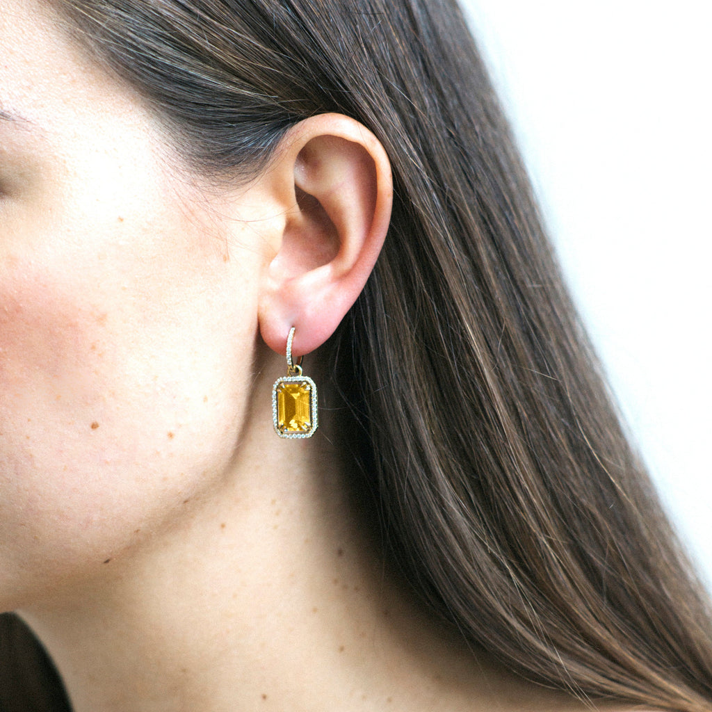 Gossip Citrine Emerald Cut Diamond Hoop Earrings in 18K Yellow Gold