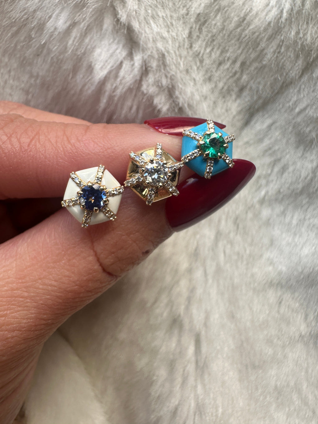 Queen Hexagon Tanzanite & Diamond Stud With White Enamel in 18K Yellow Gold