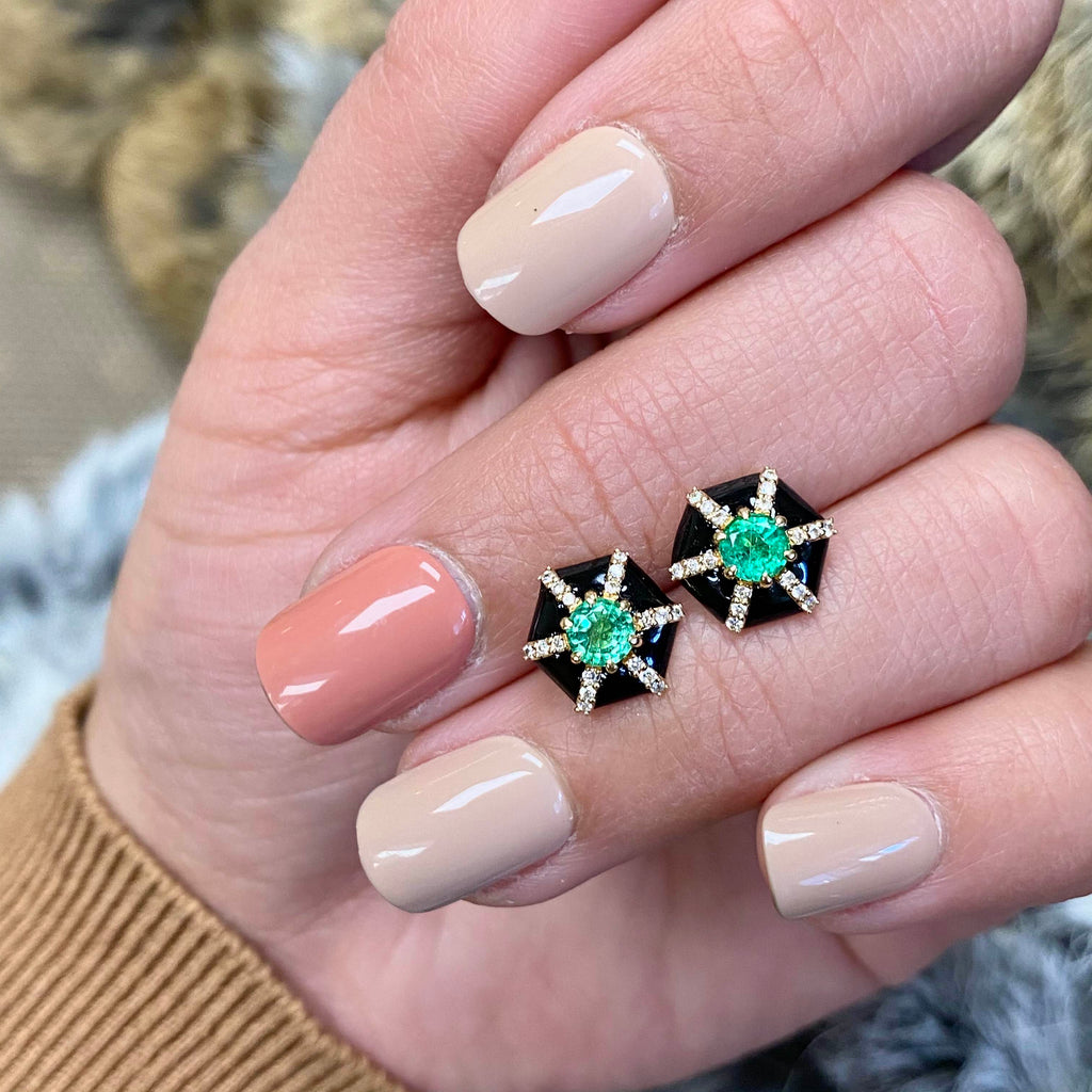 Queen Hexagon Emerald & Diamond Stud With Black Enamel in 18K Yellow Gold